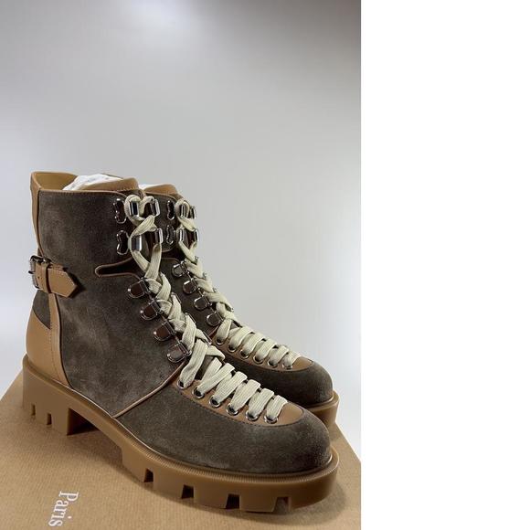 Macademia Brown Mixed Leather Lace Up Moto Combat Boots E129